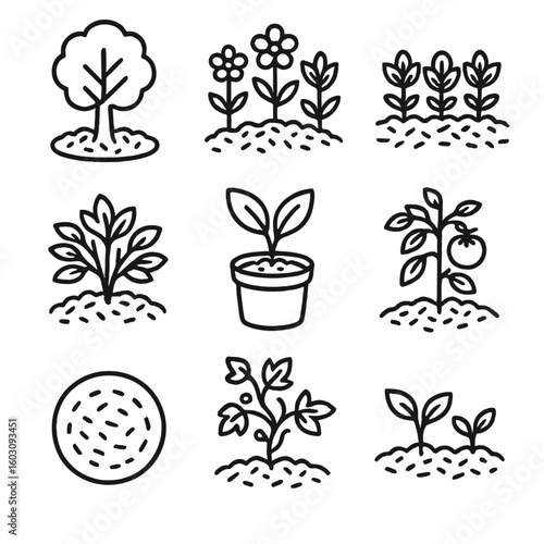 Mulch Line Style Icons. Line style icons of mulching around plants: mulch around tree base, mulch on flower bed, vegetable patch