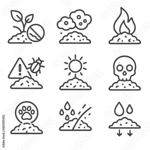Mulch Safety Icons. Line style icons of mulch safety and risks: keep away from stems symbol, moldy mulch warning, mulch fire