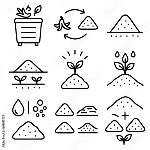 Compost vs Mulch Icons. Line style icons of compost vs mulch: compost bin icon, mulch pile icon, composting process arrows, mulch