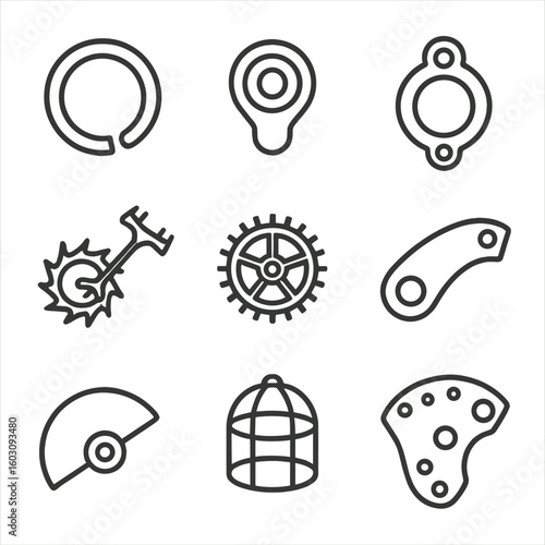 Watch Movement Icons. Line style icons of watch movement structures: movement holder ring, shock absorber jewel, jewel bearing,
