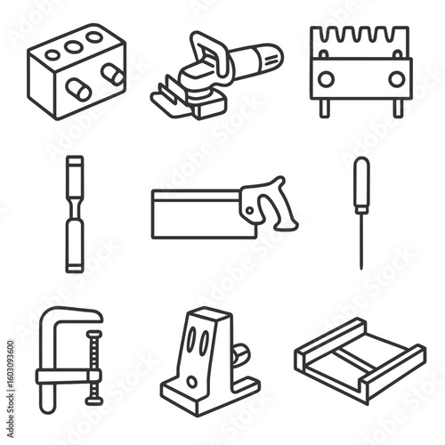 Joinery Tool Icons. Line style icons of joinery tools: dowel jig, biscuit joiner, dovetail jig, mortise chisel, tenon saw, bradawl