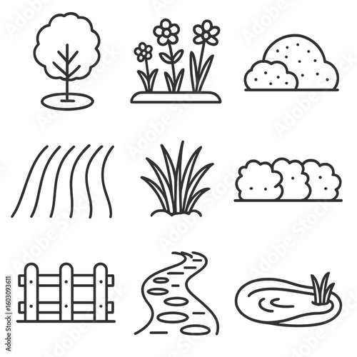 Park Landscaping Icons. Line style icons of park landscaping: tree with mulch ring, flower bed, trimmed bush, manicured lawn,