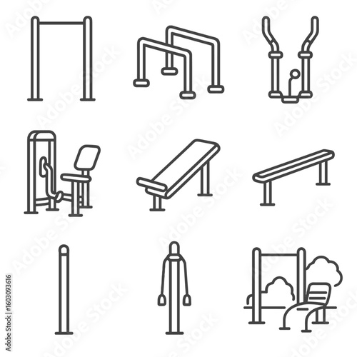 Outdoor Fitness Icons. Line style icons of fitness equipment in parks: pull-up bar, push-up station, elliptical stepper, leg press