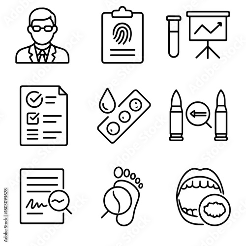 Forensic Evidence Icons. Line style icons of expert analysis evidence: expert witness icon, forensic report, lab analysis chart,