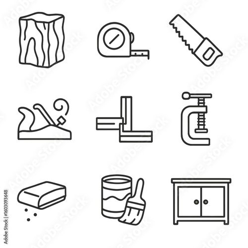Project Stages Icons. Line style icons of project stages: raw material, measuring, cutting, shaping, joining, clamping, sanding,
