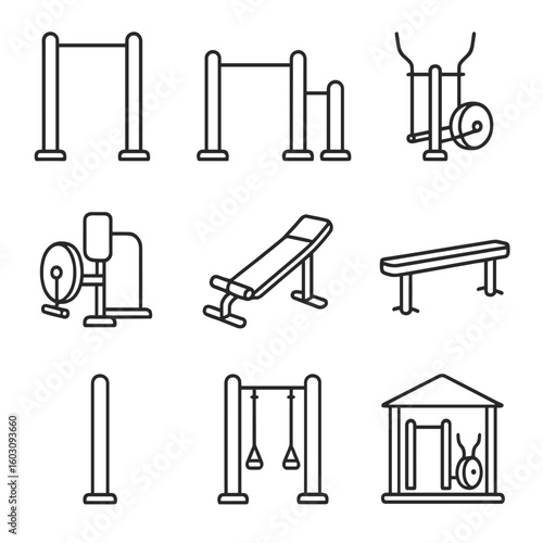 Outdoor Fitness Icons. Line style icons of fitness equipment in parks: pull-up bar, push-up station, elliptical stepper, leg press
