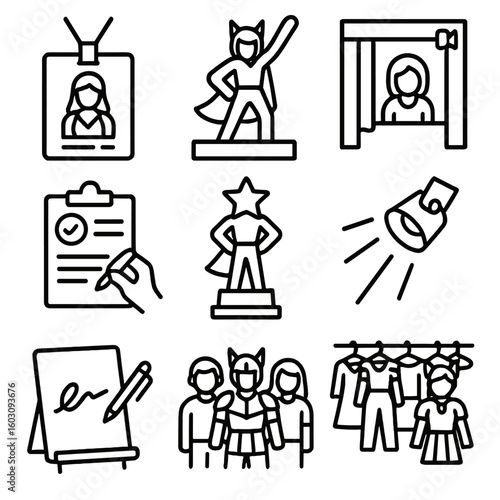 Cosplay Event Icons. Line style icons of cosplay event participation: convention badge, character pose on stage, photo booth icon,