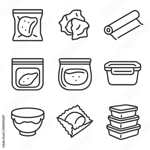 Food Storage Icons. Line style icons of food storage methods: vacuum-sealed bag, foil wrap, plastic wrap roll, zipper pouch,