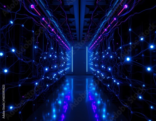 Intricate network pathways, highlighted by glowing lights, create a mesmerizing display within the server room.