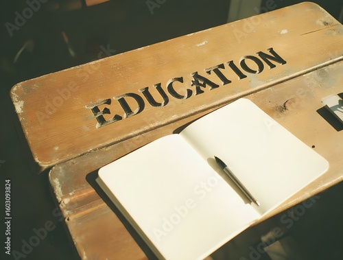 A weathered wooden desk, the word 