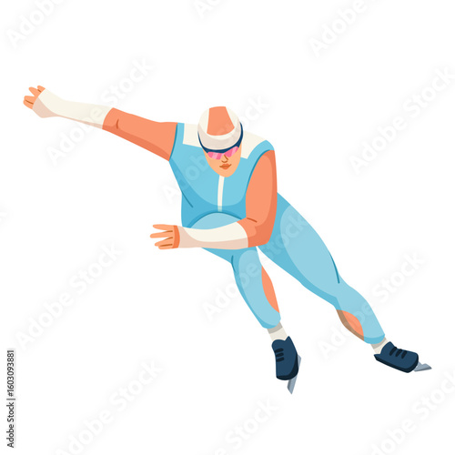 Male speed skater in aerodynamic pose wearing blue sports suit and helmet, flat graphic style, isolated on white background. Concept of winter sports activity. Vector illustration
