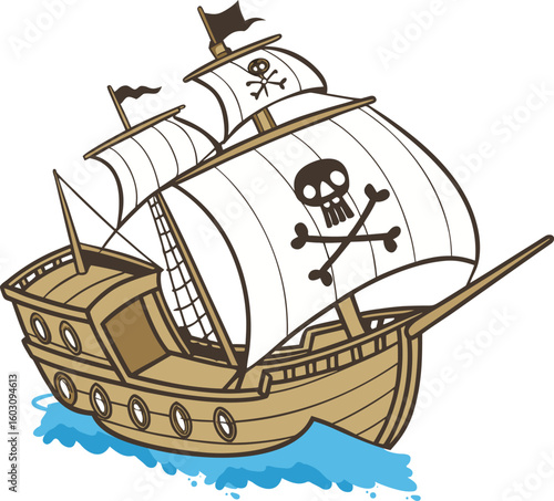Cartoon Pirate Ship with Jolly Roger Sails on Blue Water Vector Illustration