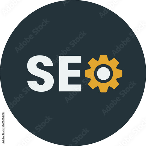 The letters "SEO" with a gear icon, representing search engine optimization, inside a dark circle.