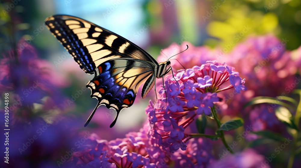 Obraz premium Beautiful butterfly on flower blossom spring nature wildlife insect flying wings colorful garden flora fauna macro close up