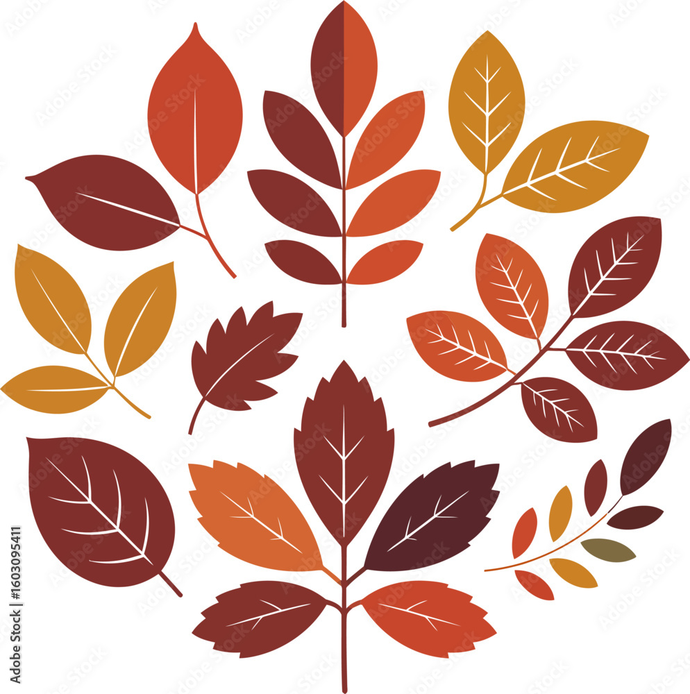 Obraz premium Bright orange and red hand drawn leaf bundle in cluster pattern, perfect for printable decoration or nature themed poster art 
