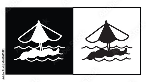 Minimalist seaside icon with a sun parasol in the ocean water. A black and white vector illustration representing a relaxing beach holiday.
