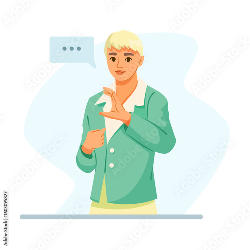 Person signing in sign language to communicate, flat graphic style, on white and blue abstract background, concept of deaf communication. Vector illustration