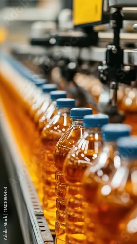 Industrial setting featuring a machine filled with bottles of drinkable liquid