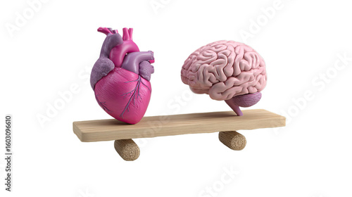 Heart and brain on balance scale symbolizing emotion versus logic

