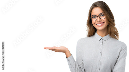 Smiling businesswoman presenting with open hand for copy space

