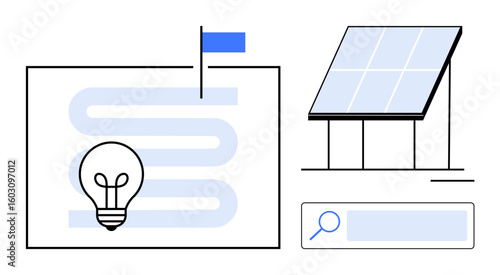 Solar panel next to light bulb on a pathway diagram with flag and search bar. Ideal for sustainability, clean energy, eco-friendly design, innovation, research, environment, simple landing page
