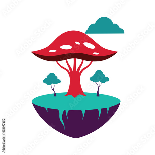 Surreal Dreamscape Giant Mushroom Vector Illustration with Dreamy and Hopping Elements