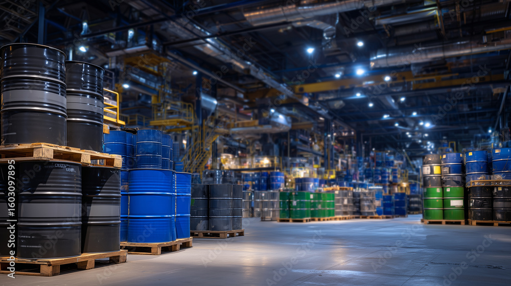 Fototapeta premium Industrial warehouse filled with hundreds of stacked oil drums in various colors, from matte black to vibrant blue and green, ambient overhead lights and ventilation ducts adding d