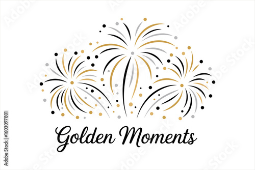 Golden moments card with elegant fireworks, script text, decorative design, printable sticker, autumn poster