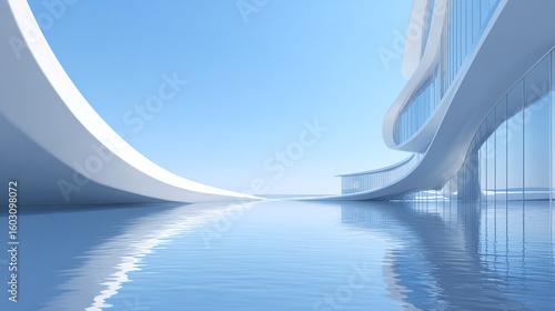 A serene architectural rendering depicts a futuristic interior space with flowing, curved forms and reflective surfaces, evoking a sense of calm and spaciousness.