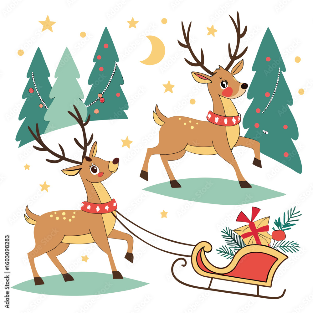 Naklejka premium Two happy reindeer pulling a sleigh with gifts under christmas trees silhouette