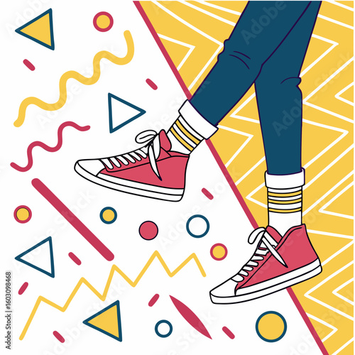 Retro geometric pattern with red sneakers and striped socks silhouette
