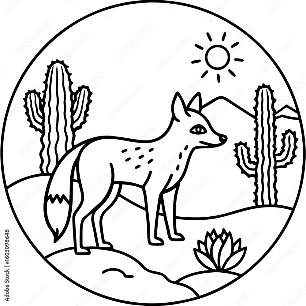 Obraz premium Desert landscape with a fox cacti and mountains in a circular silhouette