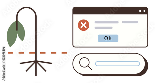 Wilting plant, error message with Ok button, and search bar convey failure, decline, and troubleshooting. Ideal for failure, growth challenge, error, problem-solving lost purpose decline metaphor