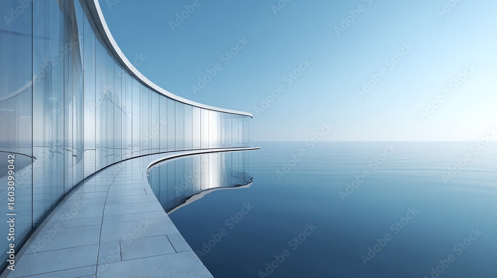 Obraz premium A serene architectural rendering depicts a curved glass structure seamlessly blending with a calm ocean horizon, evoking a sense of tranquility and modern design.