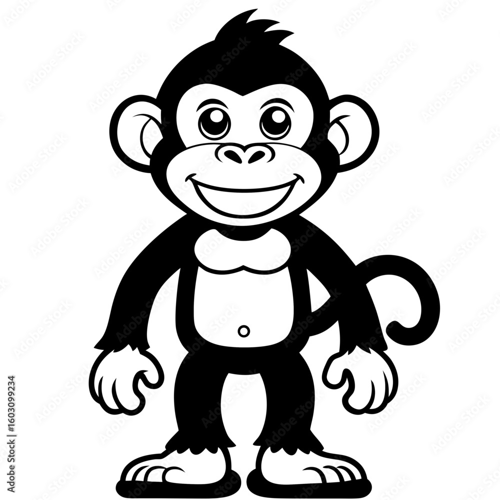 Fototapeta premium Happy cartoon monkey standing upright with a big smile silhouette