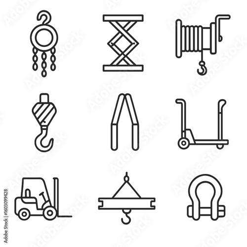 Hoisting Gear Icons. Line style icons of hoisting and lifting gear: chain hoist, hydraulic lift, winch, crane hook, lifting straps