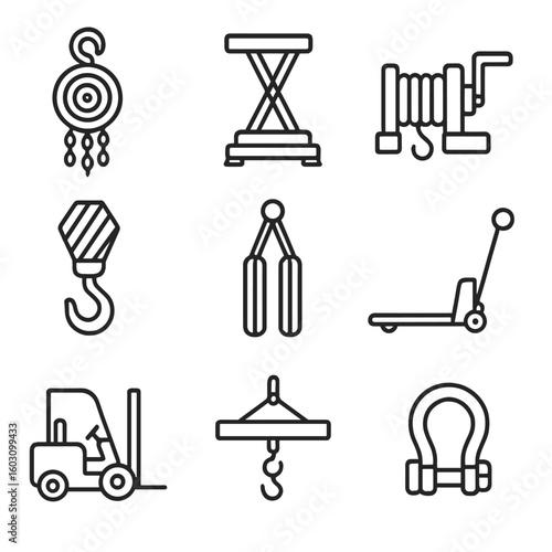Hoisting Gear Icons. Line style icons of hoisting and lifting gear: chain hoist, hydraulic lift, winch, crane hook, lifting straps