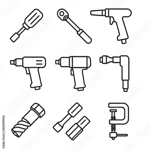 Industrial Fastening Tools Icons. Line style icons of industrial fastening tools: bolt driver, torque wrench, rivet tool,