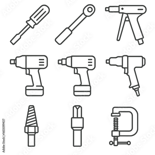 Industrial Fastening Tools Icons. Line style icons of industrial fastening tools: bolt driver, torque wrench, rivet tool,