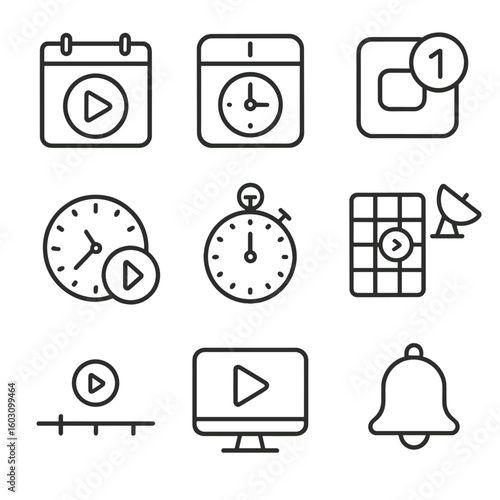 Scheduled Media Events Icons. Line style icons of scheduled media events: calendar with play icon, time slot icon, episode number