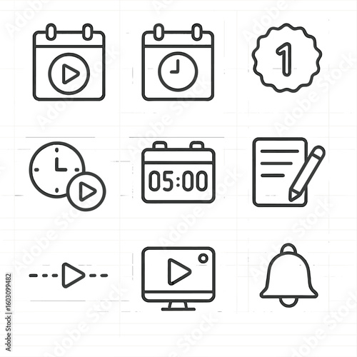 Scheduled Media Events Icons. Line style icons of scheduled media events: calendar with play icon, time slot icon, episode number