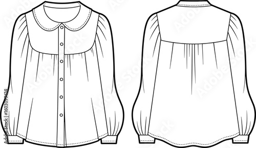 Retro Peter Pan Collar Blouse Flat Sketch, Women's Long Puff Sleeve Top Technical Drawing, Fashion Apparel Design Template for Adobe Stock