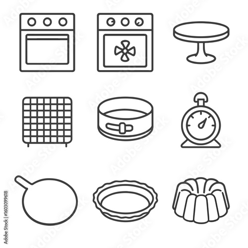 Line Style Baking Icons. Line style icons of oven and baking equipment: electric oven, convection oven, cake stand, cooling rack,