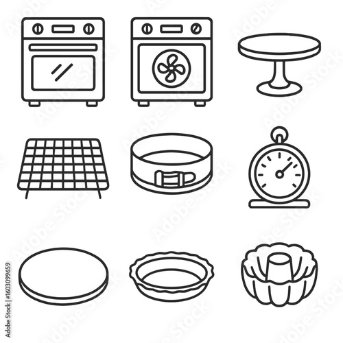 Line Style Baking Icons. Line style icons of oven and baking equipment: electric oven, convection oven, cake stand, cooling rack,
