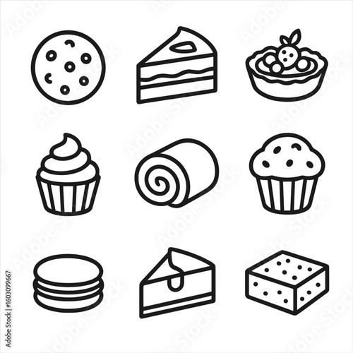 Sweet Baked Icons. Line style icons of sweet baked goods: cookie, chocolate cake, fruit tart, cupcake, Swiss roll, muffin, macaron