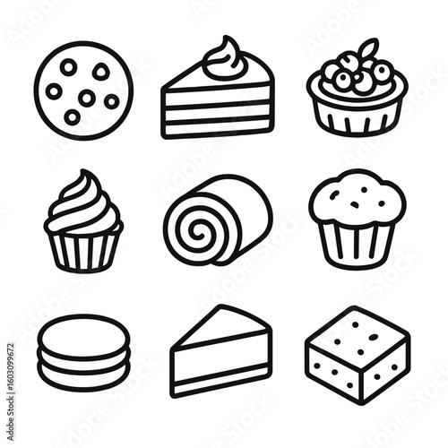 Sweet Baked Icons. Line style icons of sweet baked goods: cookie, chocolate cake, fruit tart, cupcake, Swiss roll, muffin, macaron