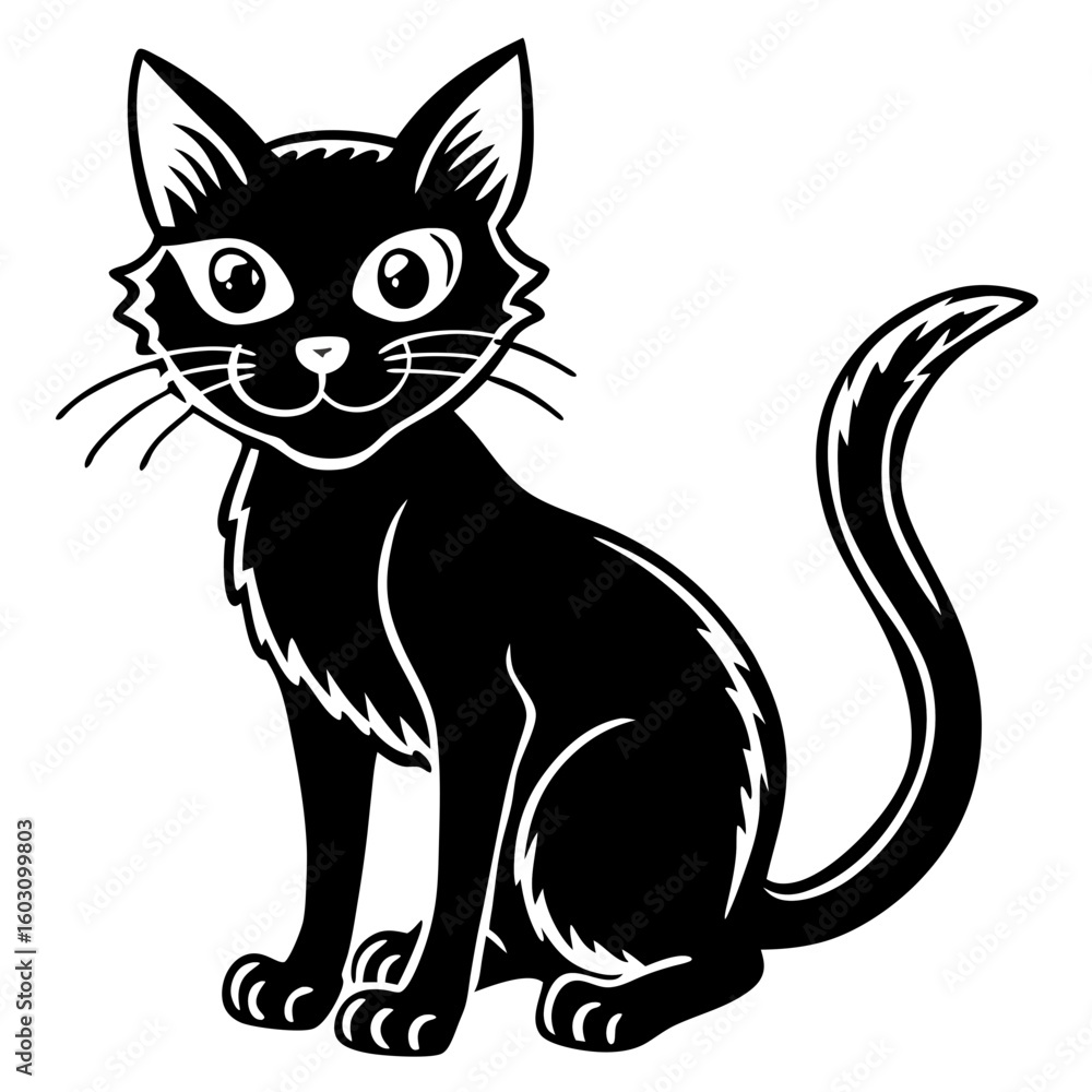 Obraz premium Cute black cat sitting with big eyes and fluffy tail silhouette