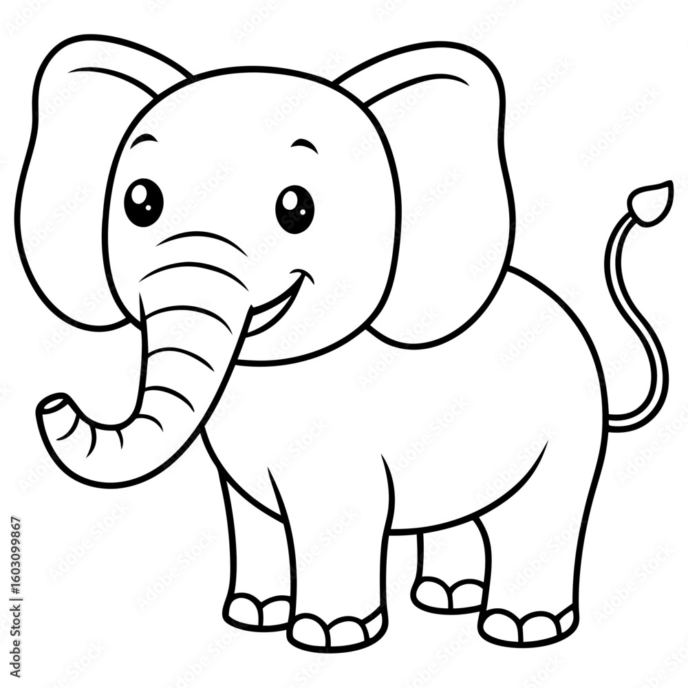 Fototapeta premium Cute cartoon elephant with big ears and a smiling face silhouette