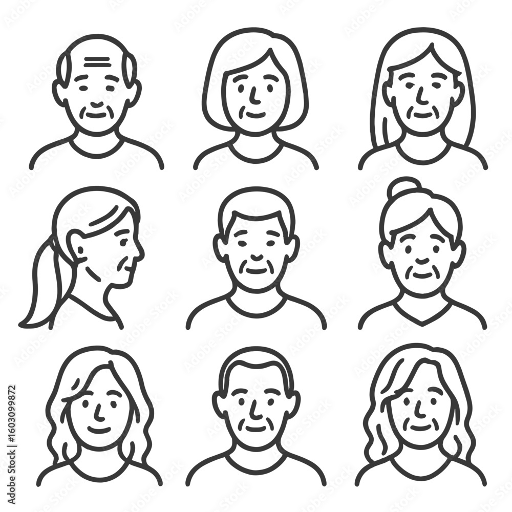 Aging Hairstyles Icons. Line style icons of aging and hair length: thinning short hair, mature bob cut, silver mid-length, long Aging Hairstyles Icons. Line style icons of aging and hair length: thinning short hair, mature bob cut, silver mid-length, long