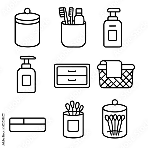 Bathroom Line Icons. Line style icons of bathroom storage containers: cotton pad jar, toothbrush holder, shampoo dispenser, soap